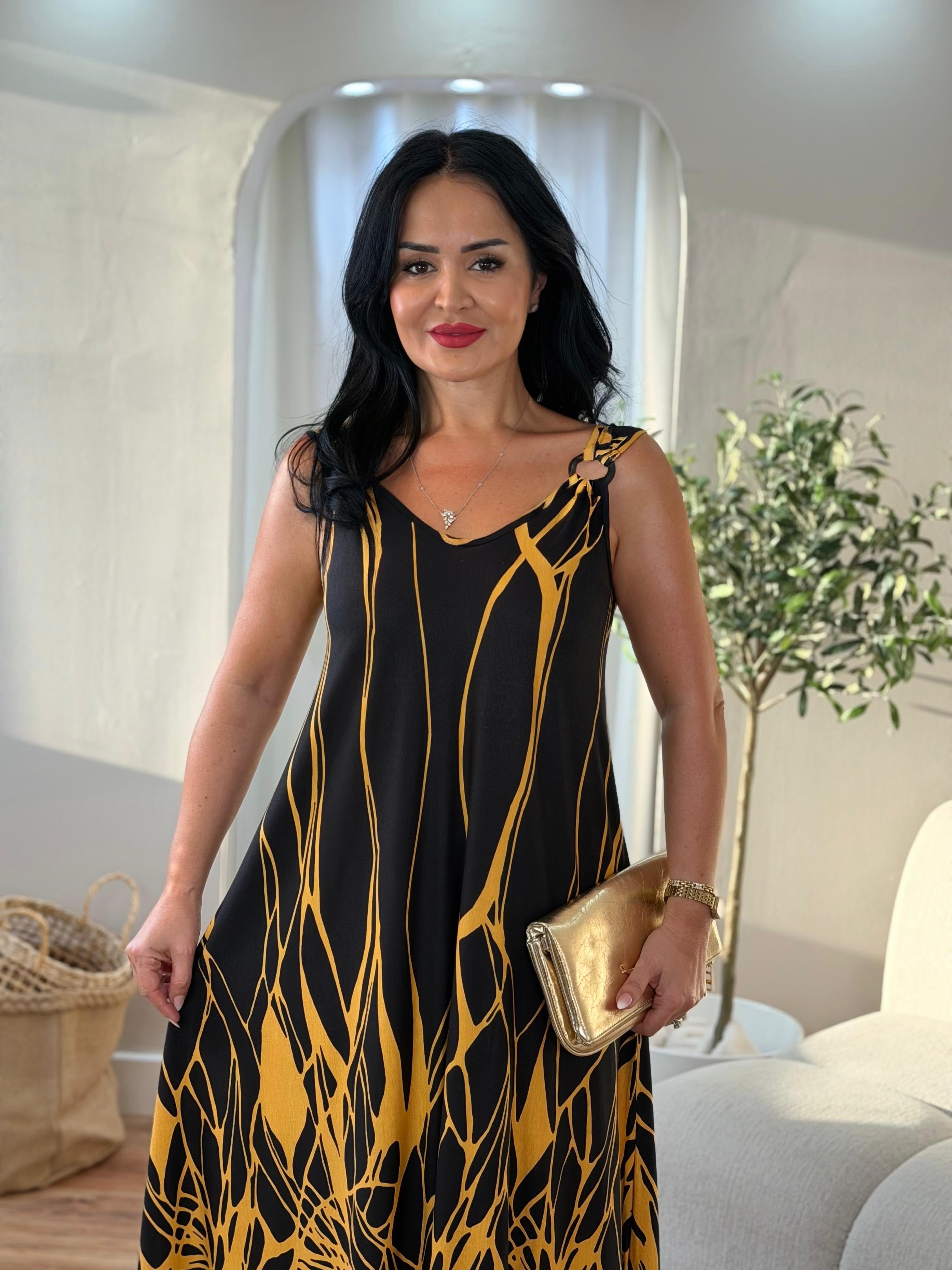 5033 Flora Çizgili Sarı Halka Detaylı Elbise5033