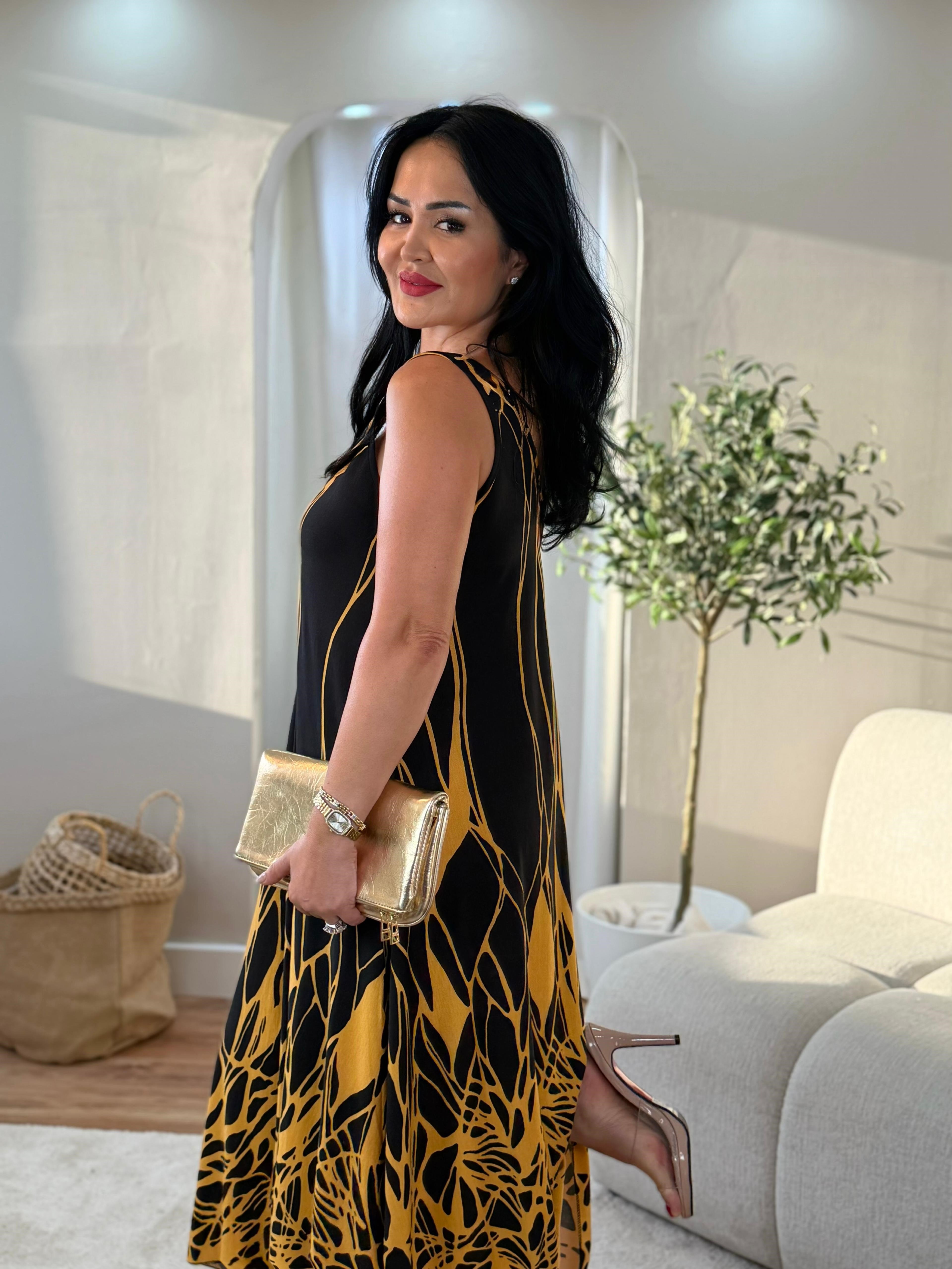5033 Flora Çizgili Sarı Halka Detaylı Elbise5033