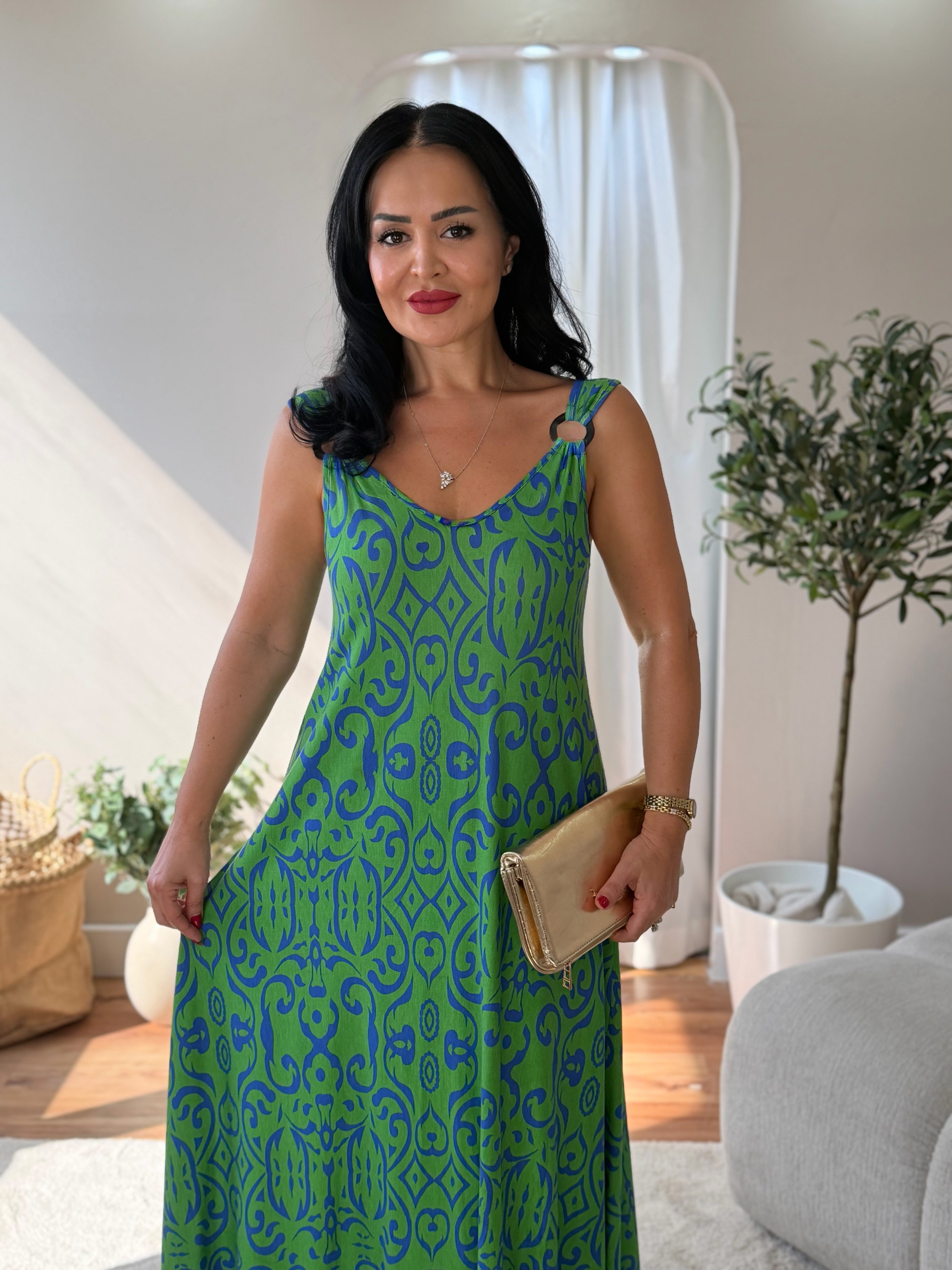 5033 Flora  Yeşil Halka Detaylı Elbise5033