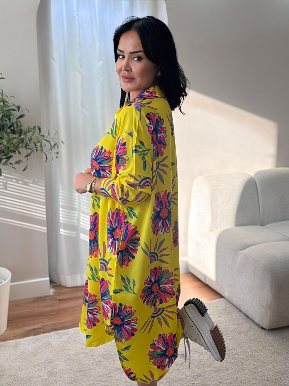 5086 Rahat Kalıp Cepli Mavi Desenli Elbise 5086