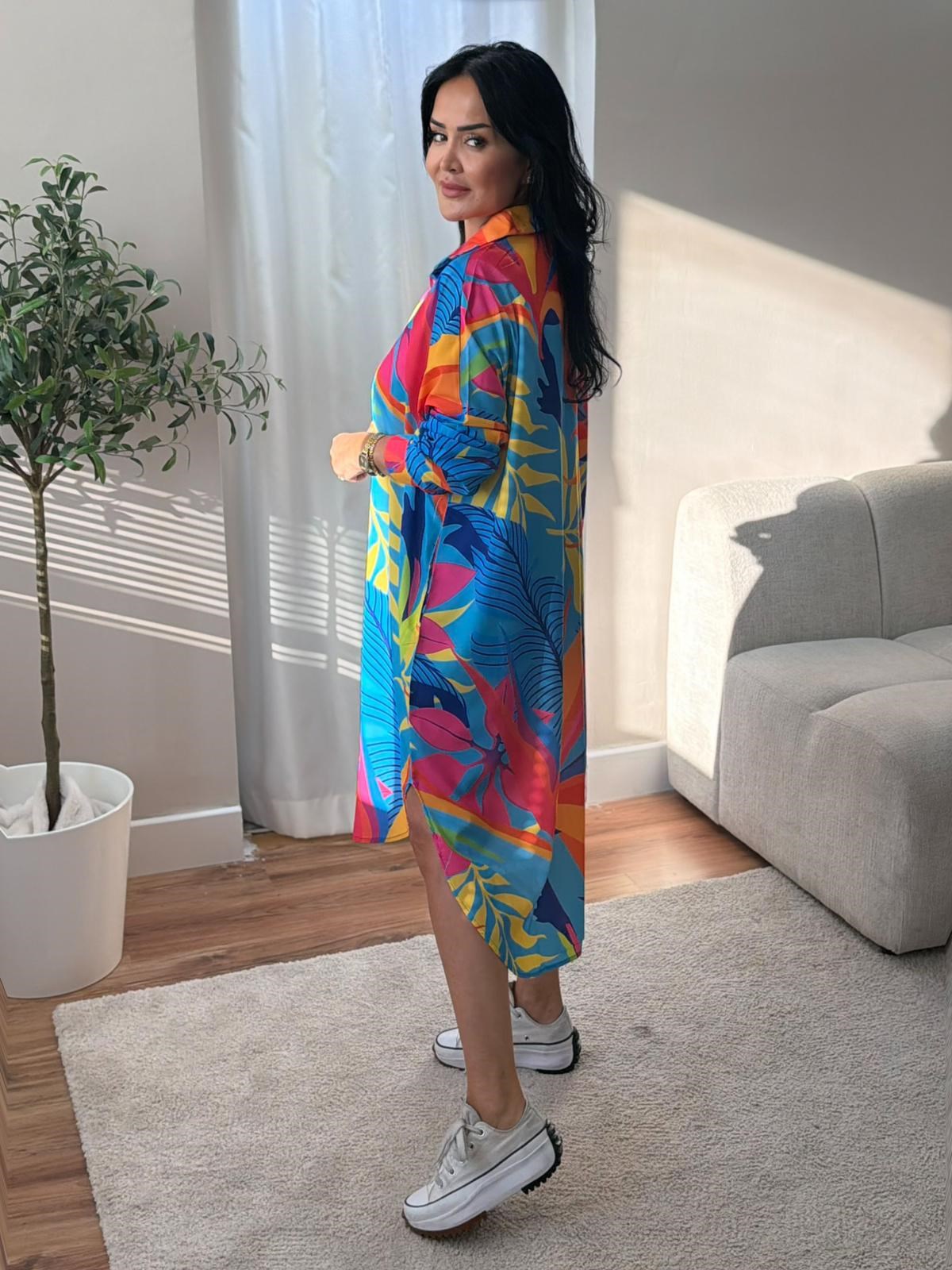 5086 Rahat Kalıp Cepli Mavi Desenli Elbise 5086