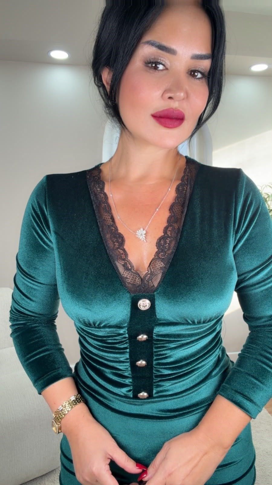 5091 Nicoletta kadife zümrüt yeşil elbise5091