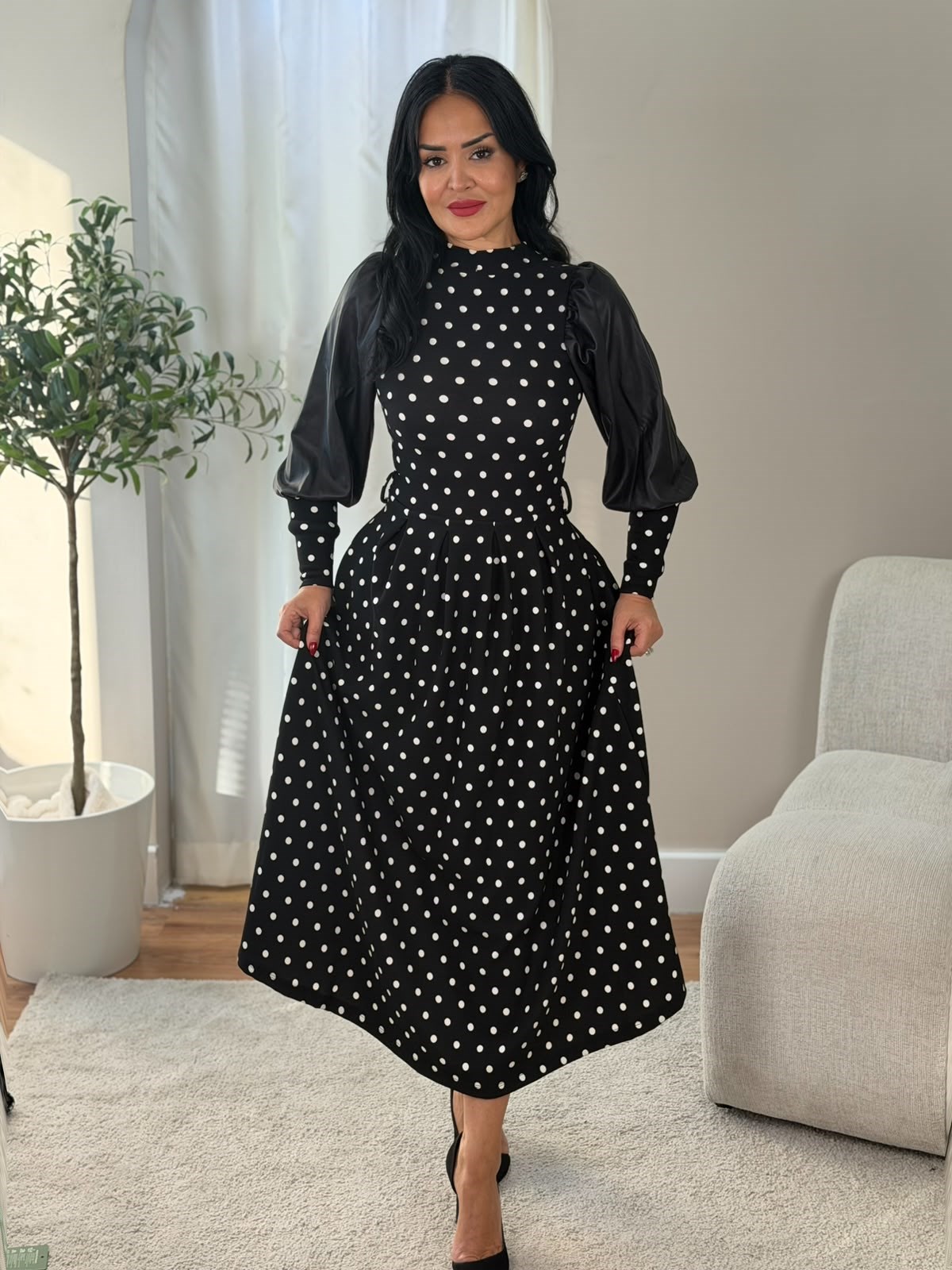 5099 Puantiyeli Deri Detay Elbise5099