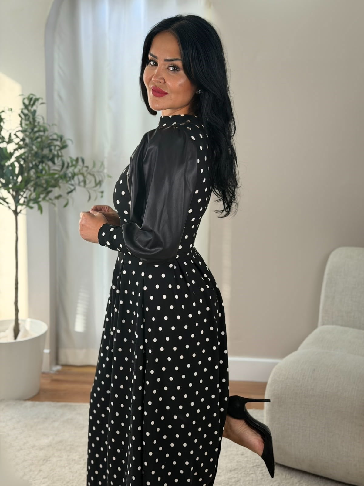 5099 Puantiyeli Deri Detay Elbise5099
