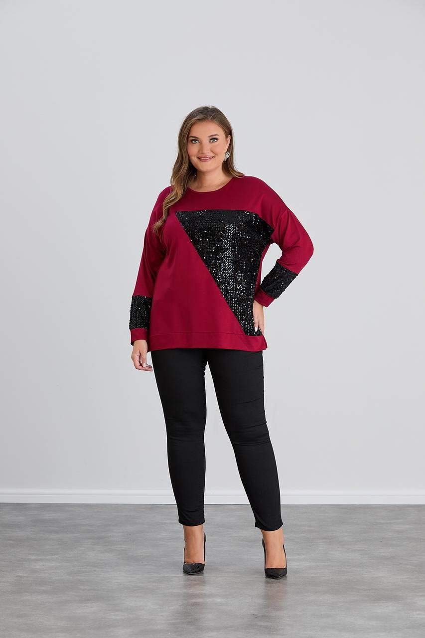 Lance Siyah Payetli Bordo BluzCRV