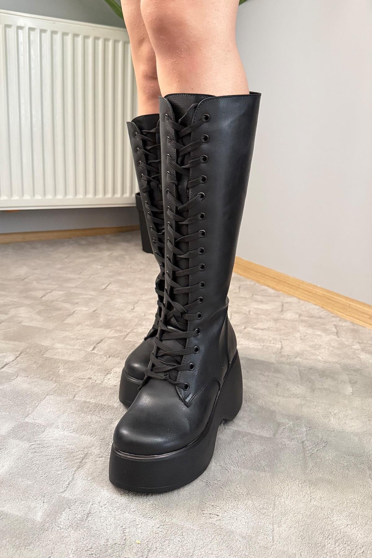 Kadın Bellina Bağcık Detaylı Fermuarlı 9 cm Topuklu Platfomlu Çizme