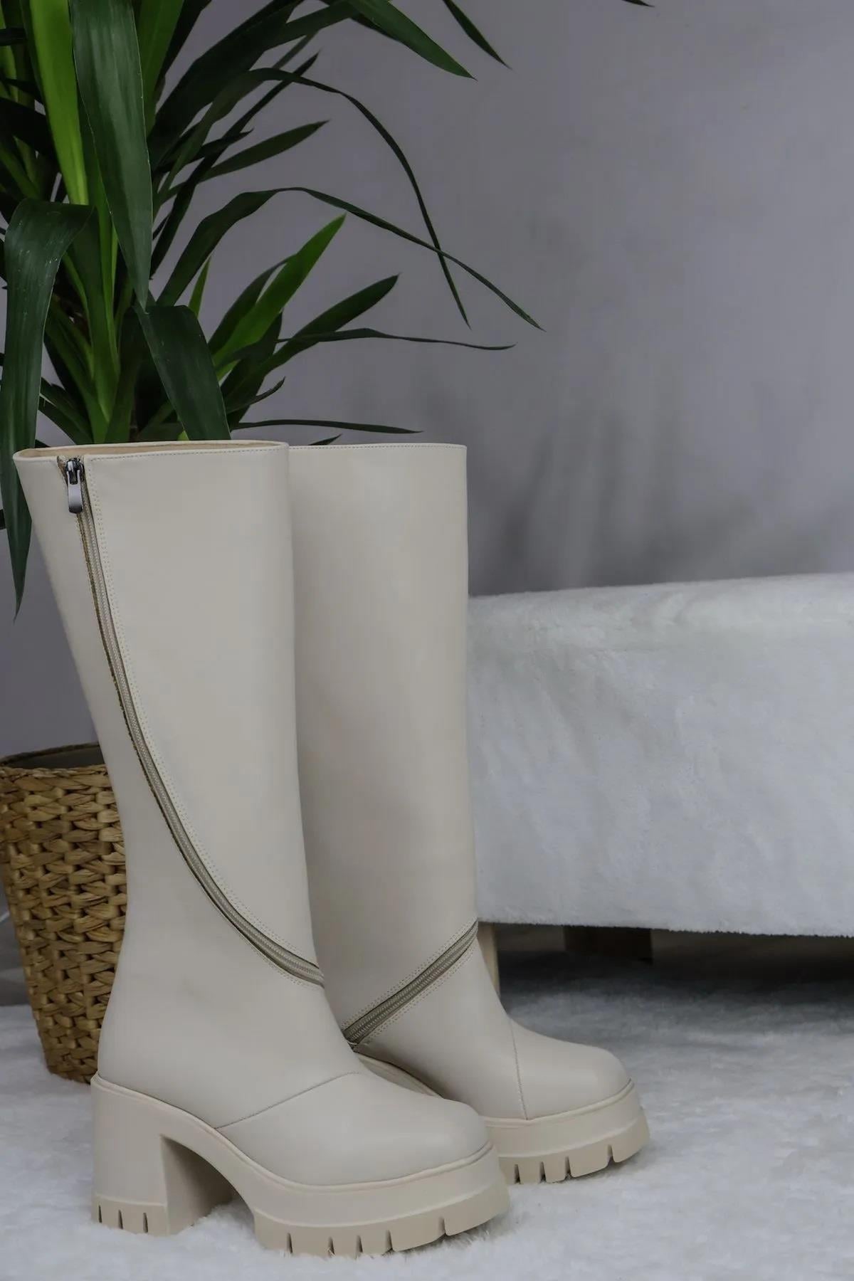 Kadın Carina Döner Fermuarlı 8 Cm Platform Topuklu Diz Altı Çizme