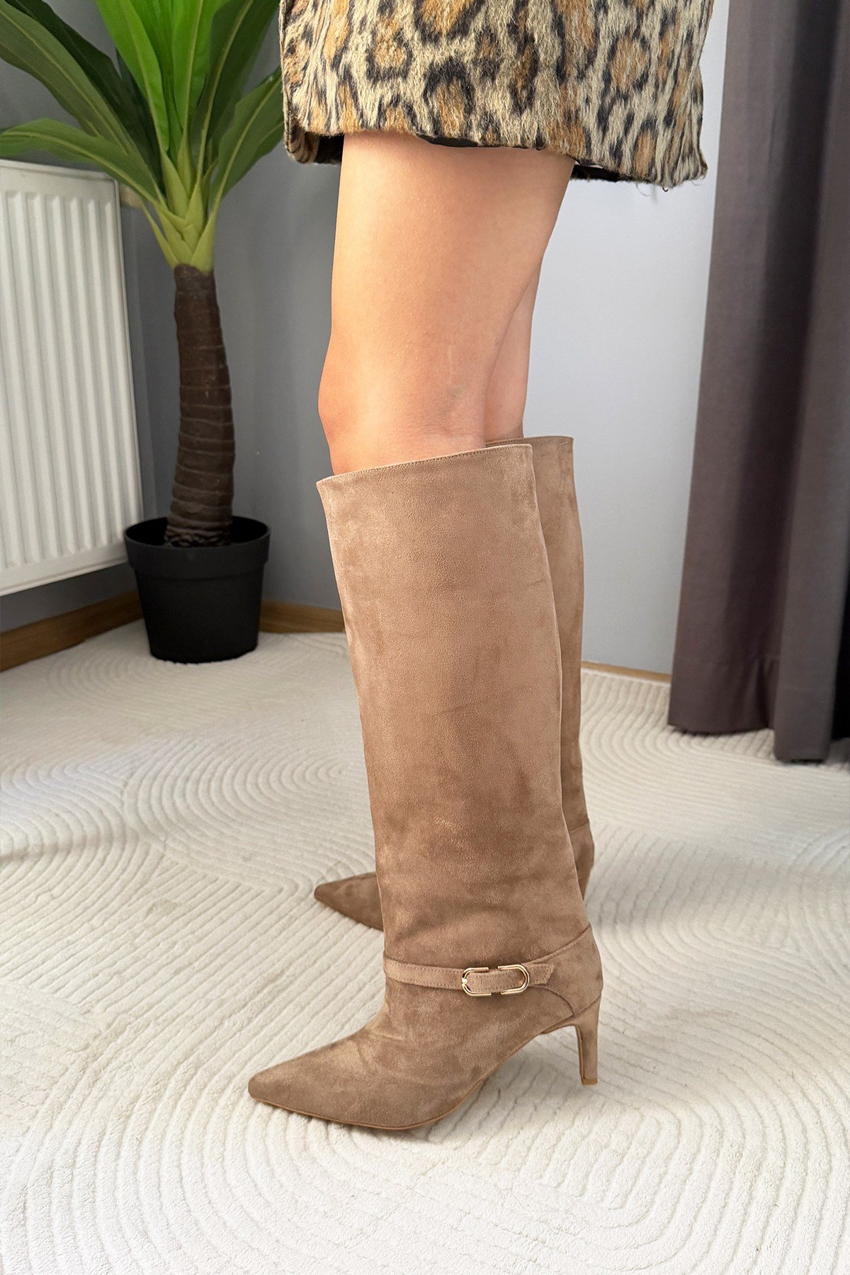 Kadın Melinda Vizon Süet 7 cm Topuklu Toka Detaylı Çizme& Bot