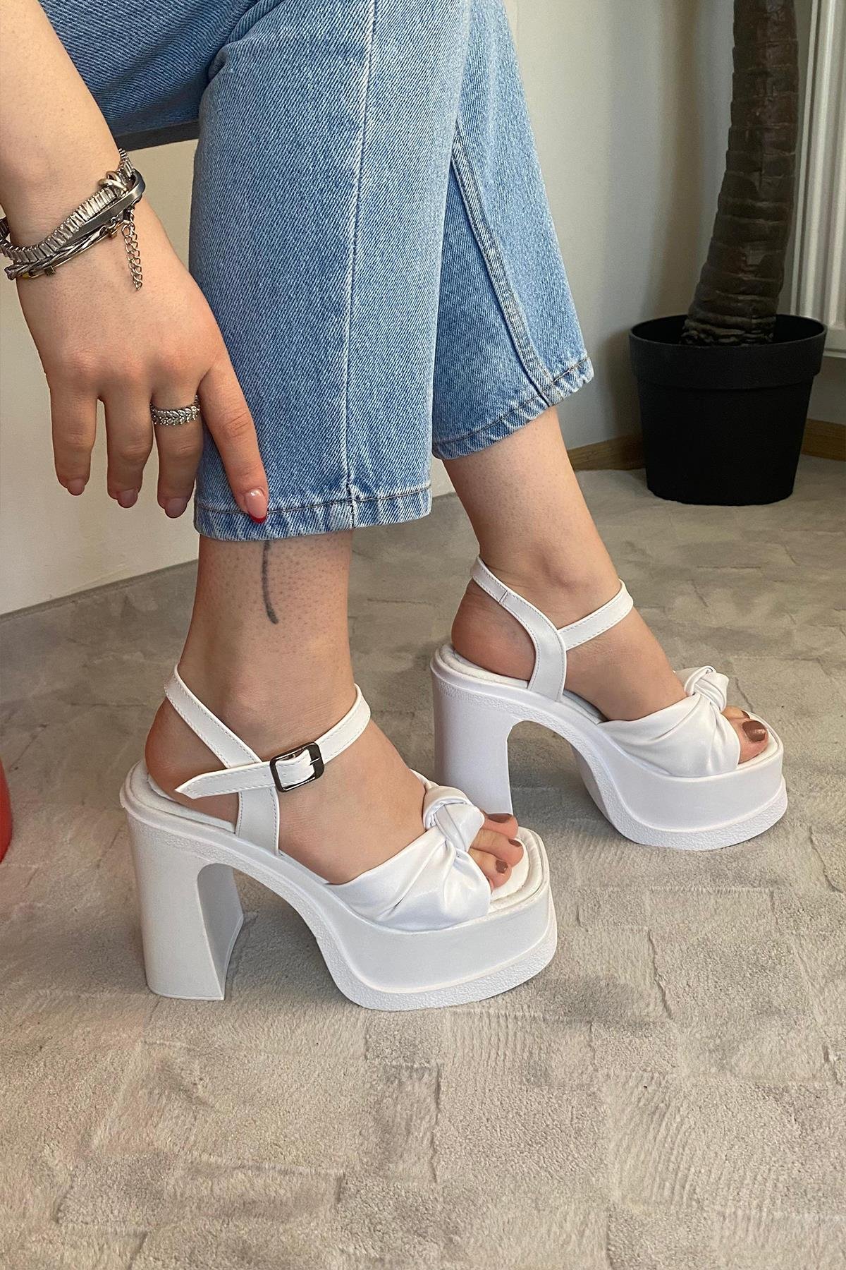 Kadın Sersi Beyaz Fiyonk Bantlı (12 cm ) Platform Topuklu Ayakkabı