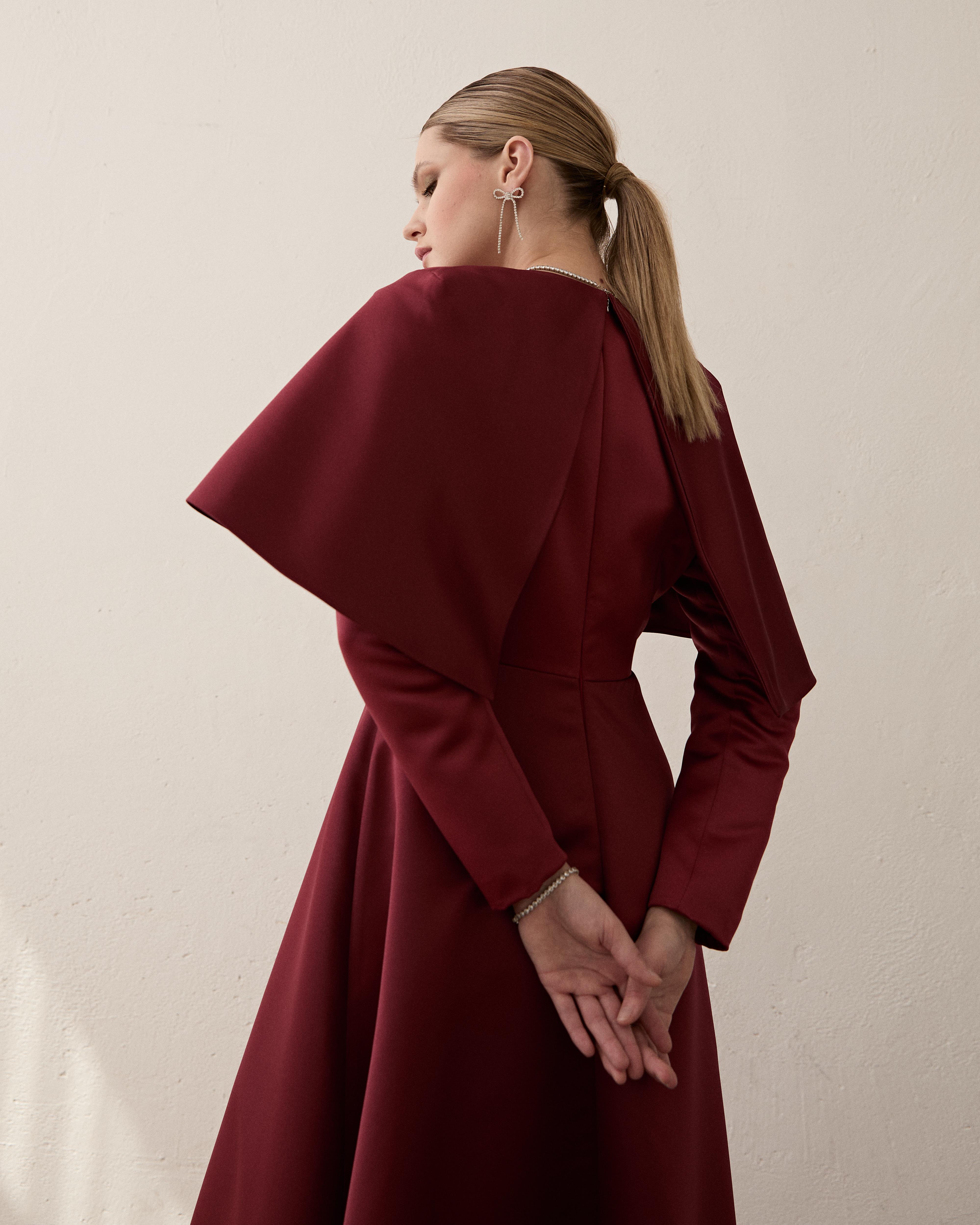 Bordo Mini Pelerin Elbise