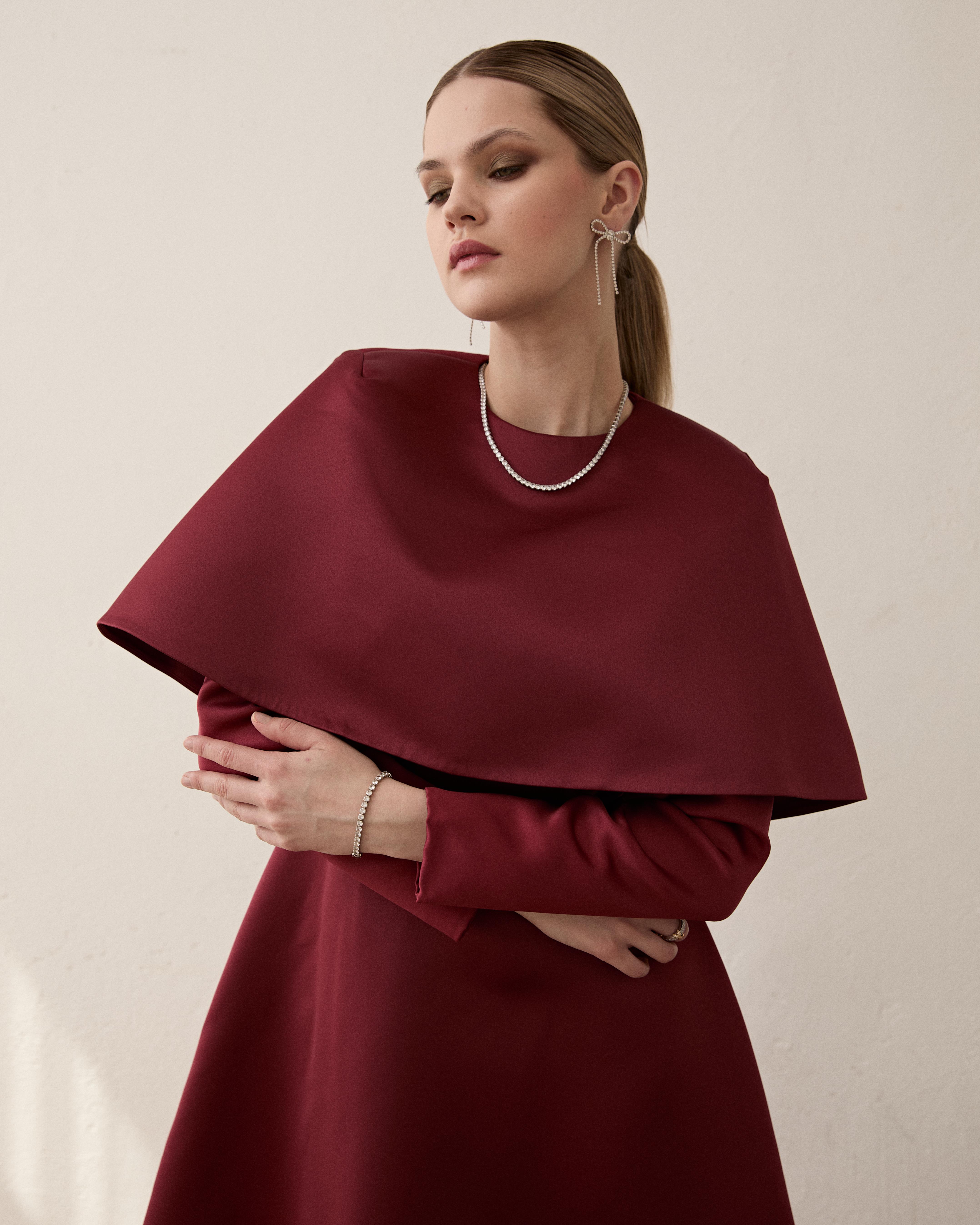 Bordo Mini Pelerin Elbise