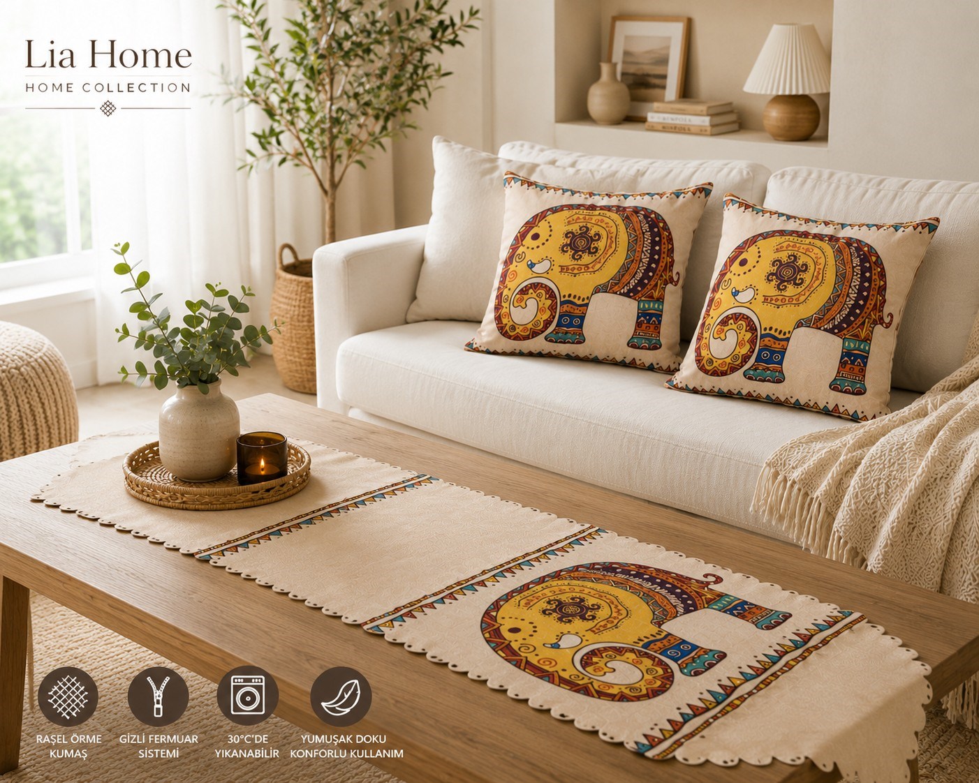 2'li 43x43 cm Kırlent Kılıfı ve 35x135 cm Runner Seti Fil Desenli Çift Taraflı Dekoratif Bohem
