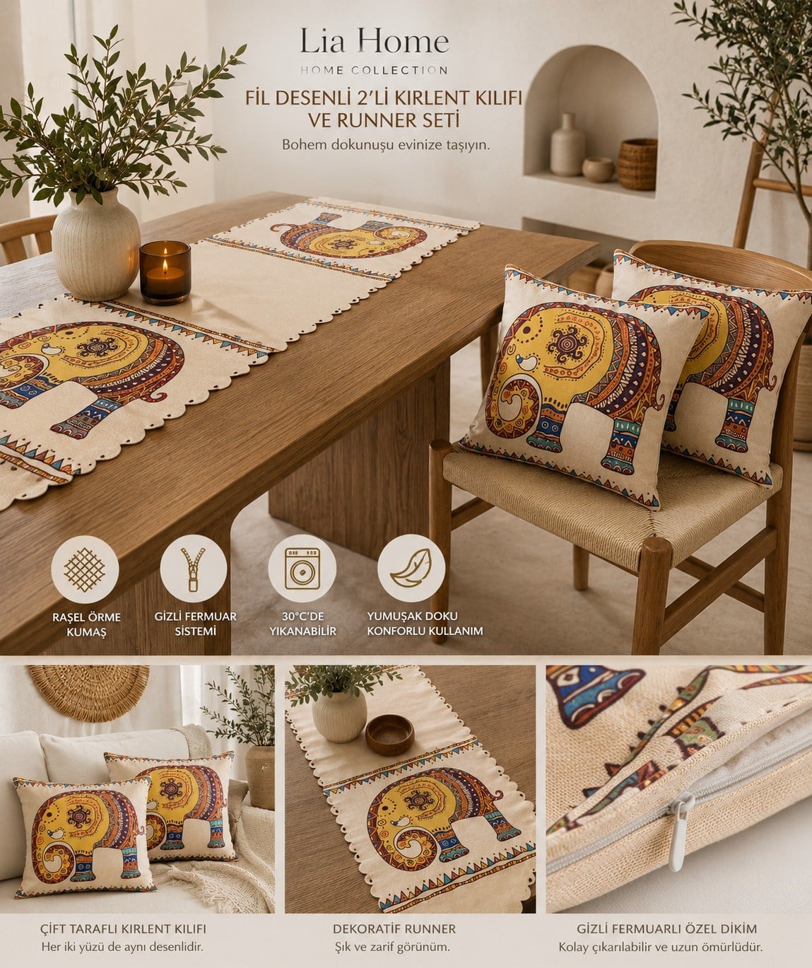 2'li 43x43 cm Kırlent Kılıfı ve 35x135 cm Runner Seti Fil Desenli Çift Taraflı Dekoratif Bohem