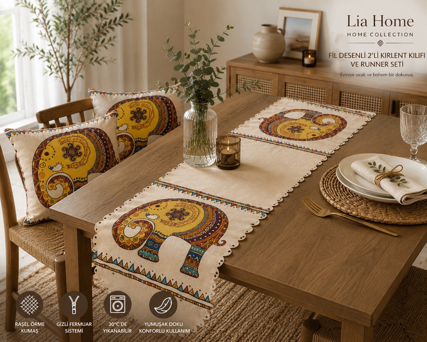 2'li 43x43 cm Kırlent Kılıfı ve 35x135 cm Runner Seti Fil Desenli Çift Taraflı Dekoratif Bohem