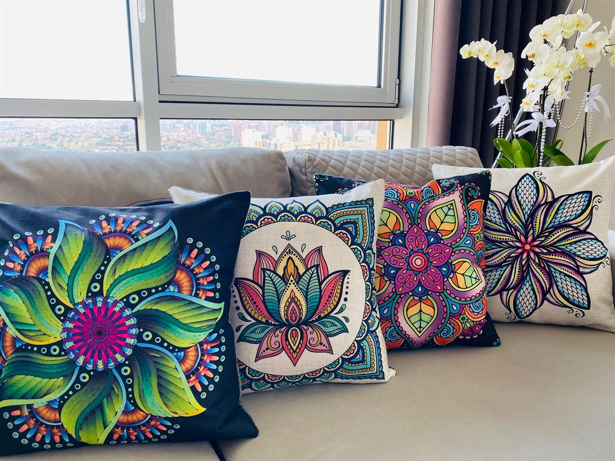 Çift Tarafı Baskılı 4'lü Kombin Mandala Desen Dekoratif Kırlent Kılıfı 