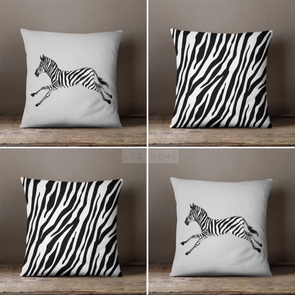 Çift Taraflı Zebra Desenli Dekoratif 4'lü Kombin Kırlent Kılıfı Seti