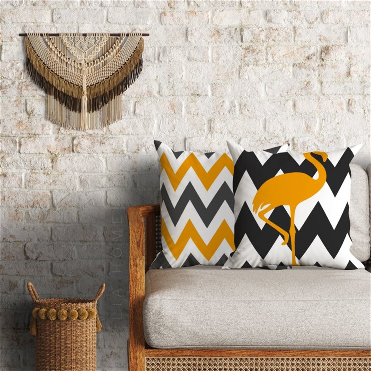 Flamingo ve Zigzag Dekoratif 2'li Minder Kılıfı Seti 60 x 60 cm