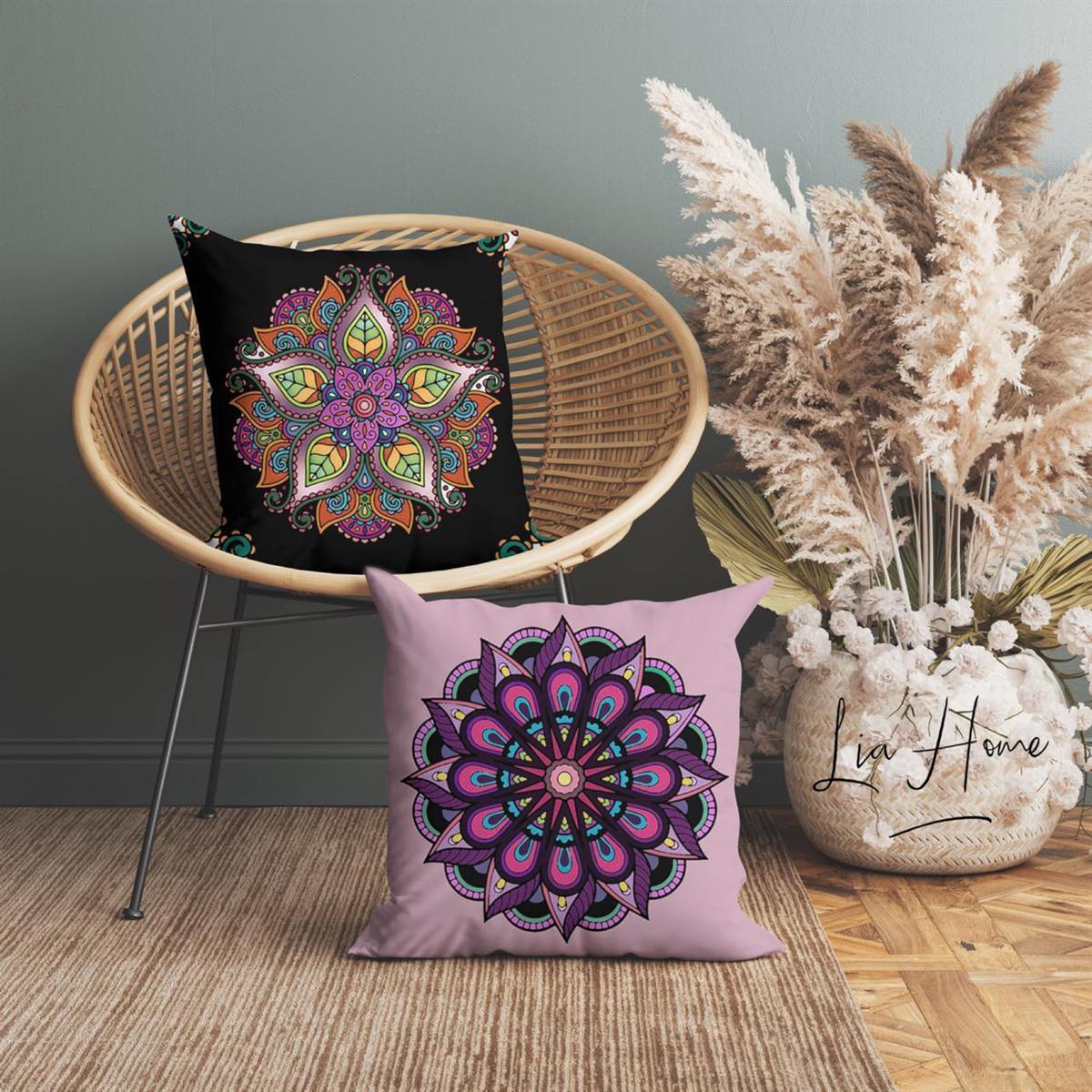 Mandala Desenli Mor Renk Çift Taraflı Dekoratif 2'li Kırlent Kılıfı Seti