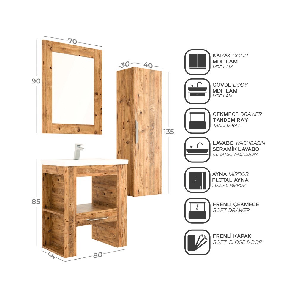 Belinza Atlantik 80 Cm Banyo Dolabı