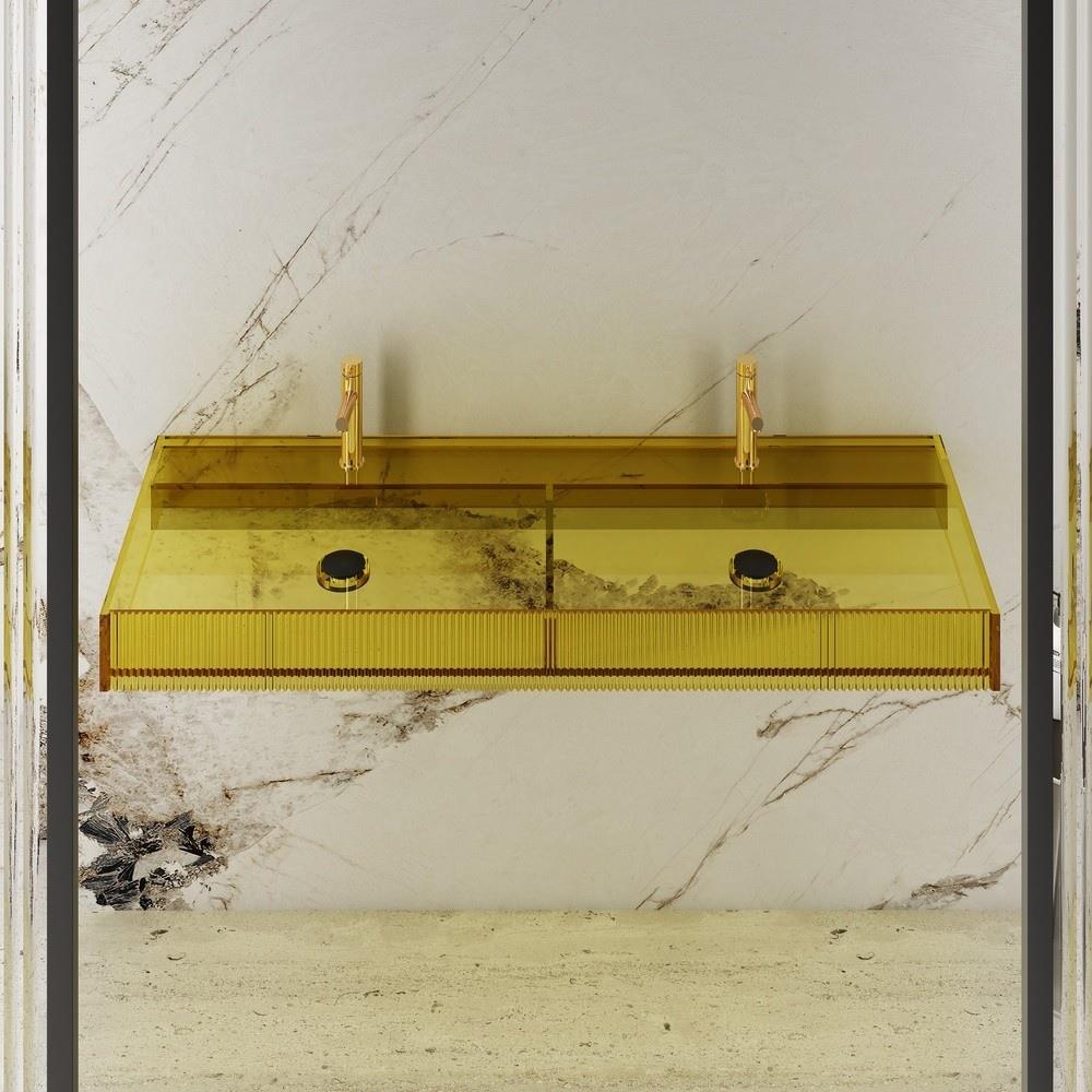 GraffeGraffe Aura 120 cm Çift Bölmeli Şeffaf Sarı Cam Lavabo