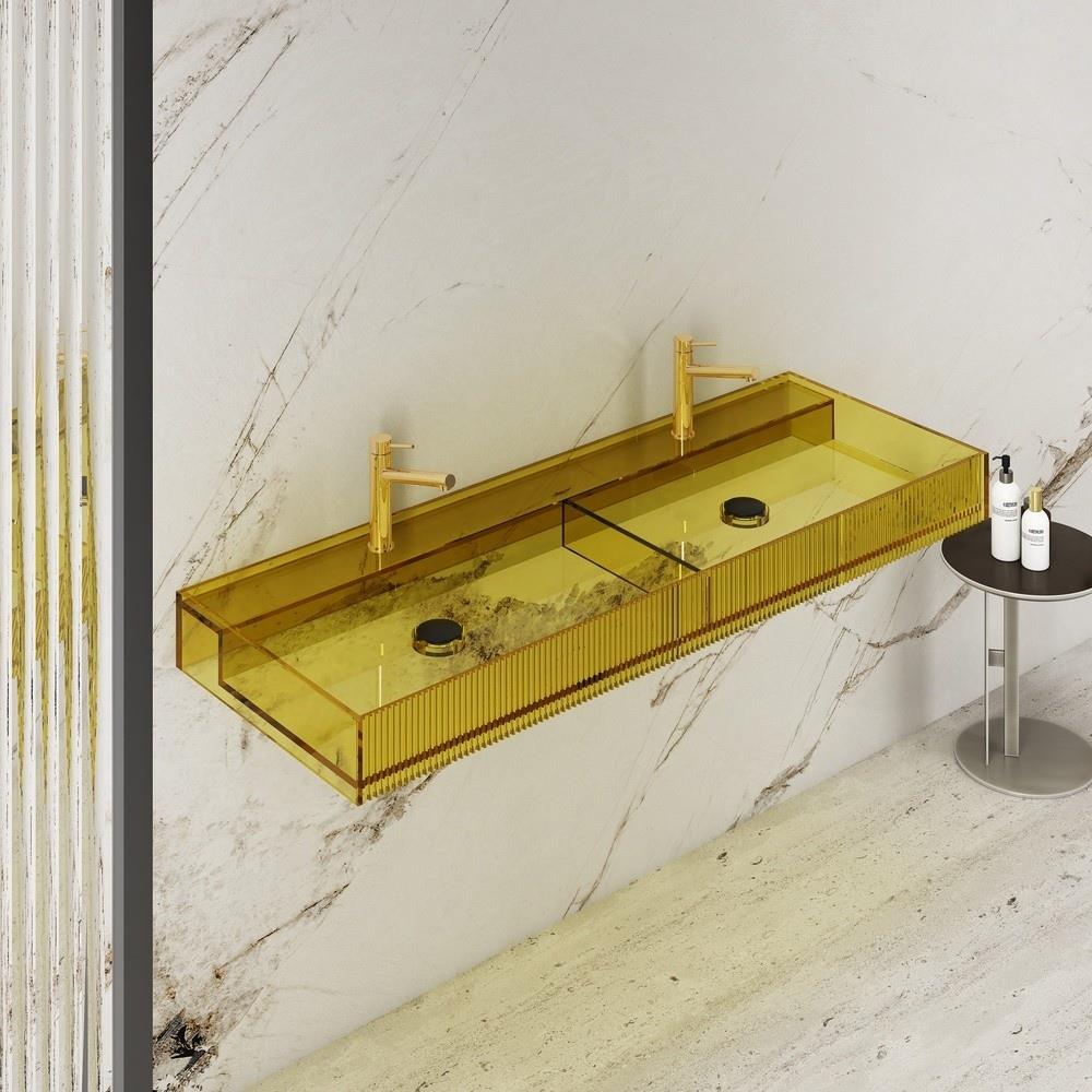 GraffeGraffe Aura 120 cm Çift Bölmeli Şeffaf Sarı Cam Lavabo