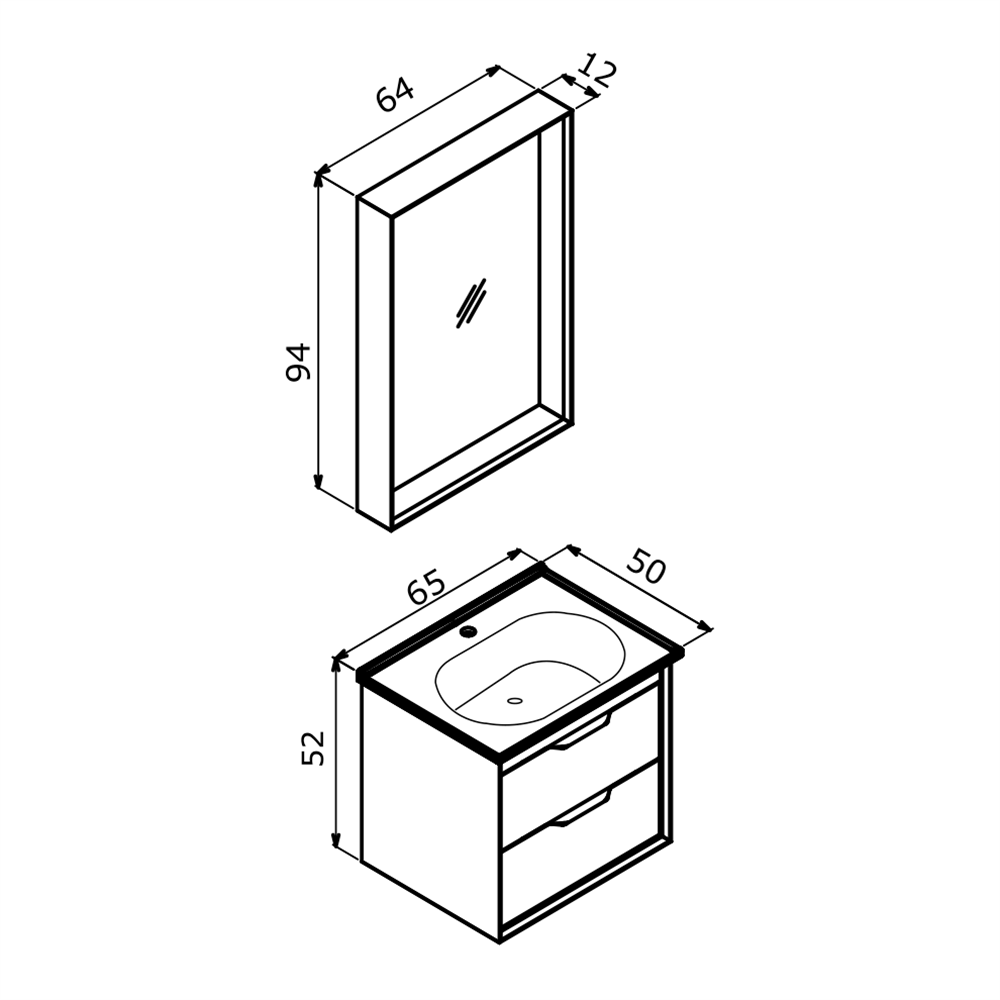OrkaClay 65 cm Çift Çekmeceli Banyo Dolabı