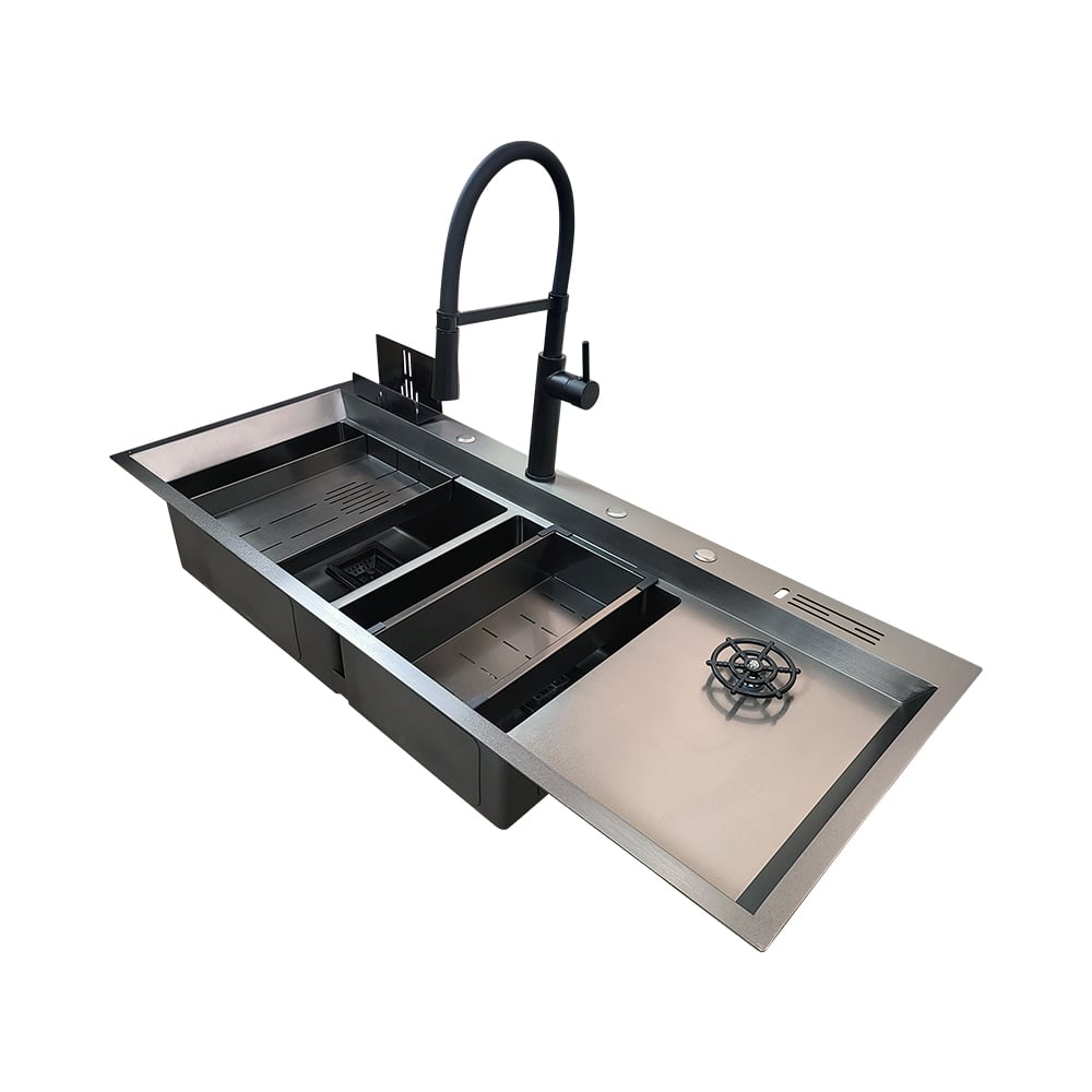 Pure ConceptSiyah 120x50 Çift Göz Bardak Yıkamalı Pas. Çelik Evye