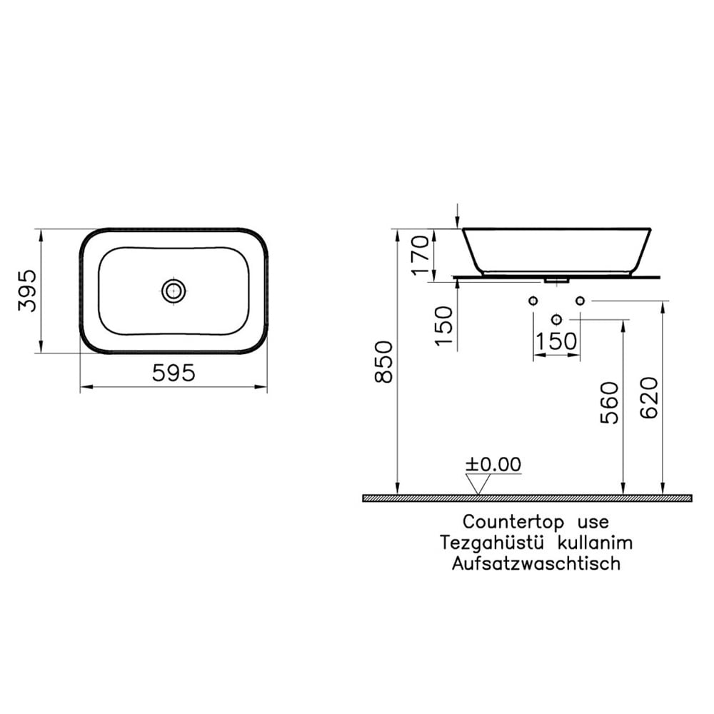 Vitra60 cm Armatür Deliksiz Dikdörtgen Çanak Lavabo