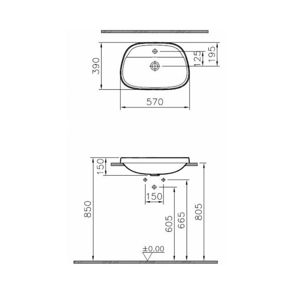 VitraFrame 57 cm Armatür Delikli Tezgah Üstü Tv Lavabo Mat Beyaz