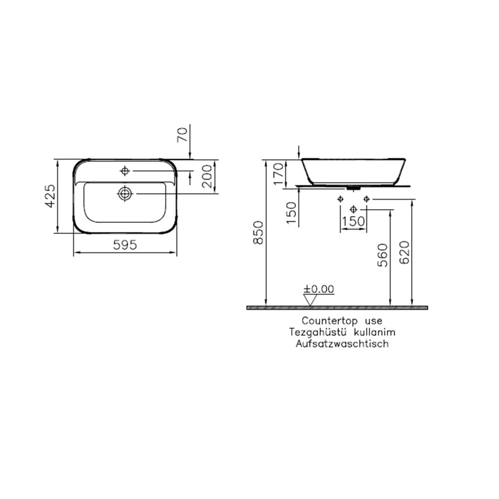 VitraGeo 60 cm Dikdörtgen Tezgah Üstü Lavabo