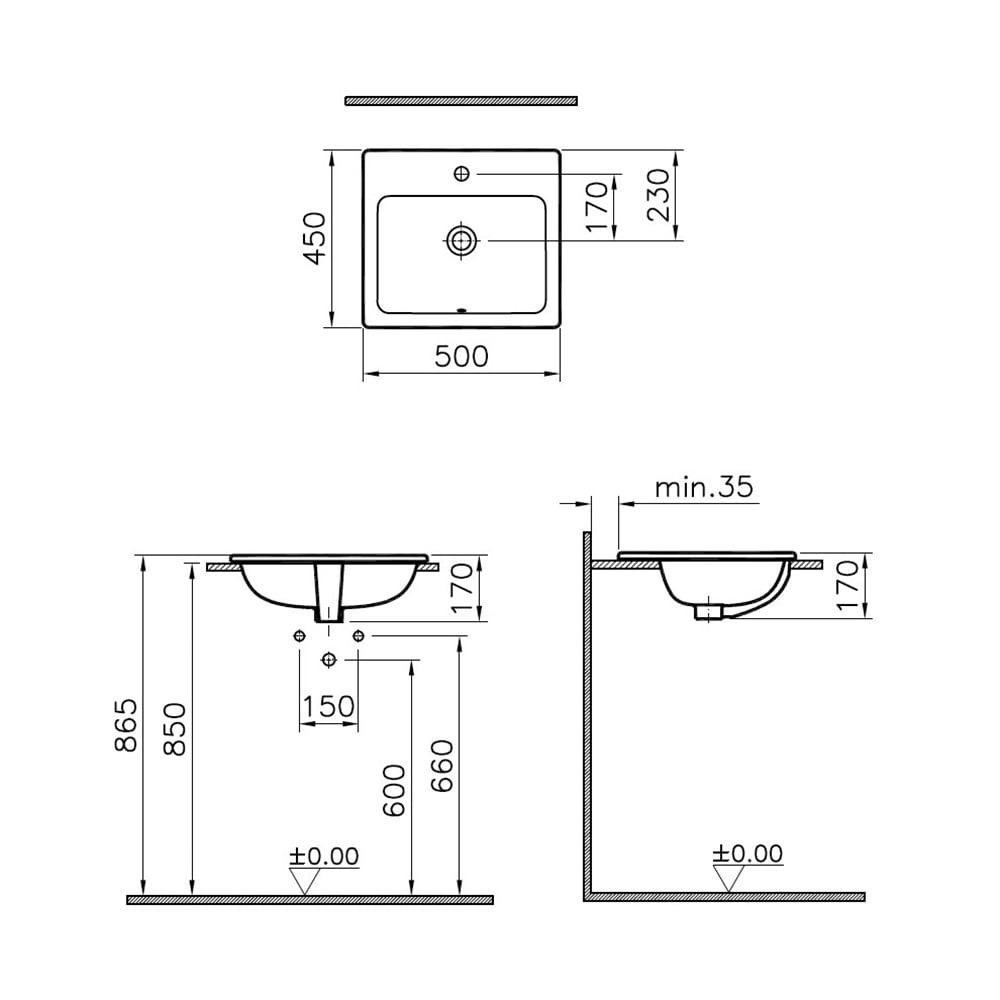 VitraS20 50 cm Tezgah Üstü Kare Lavabo