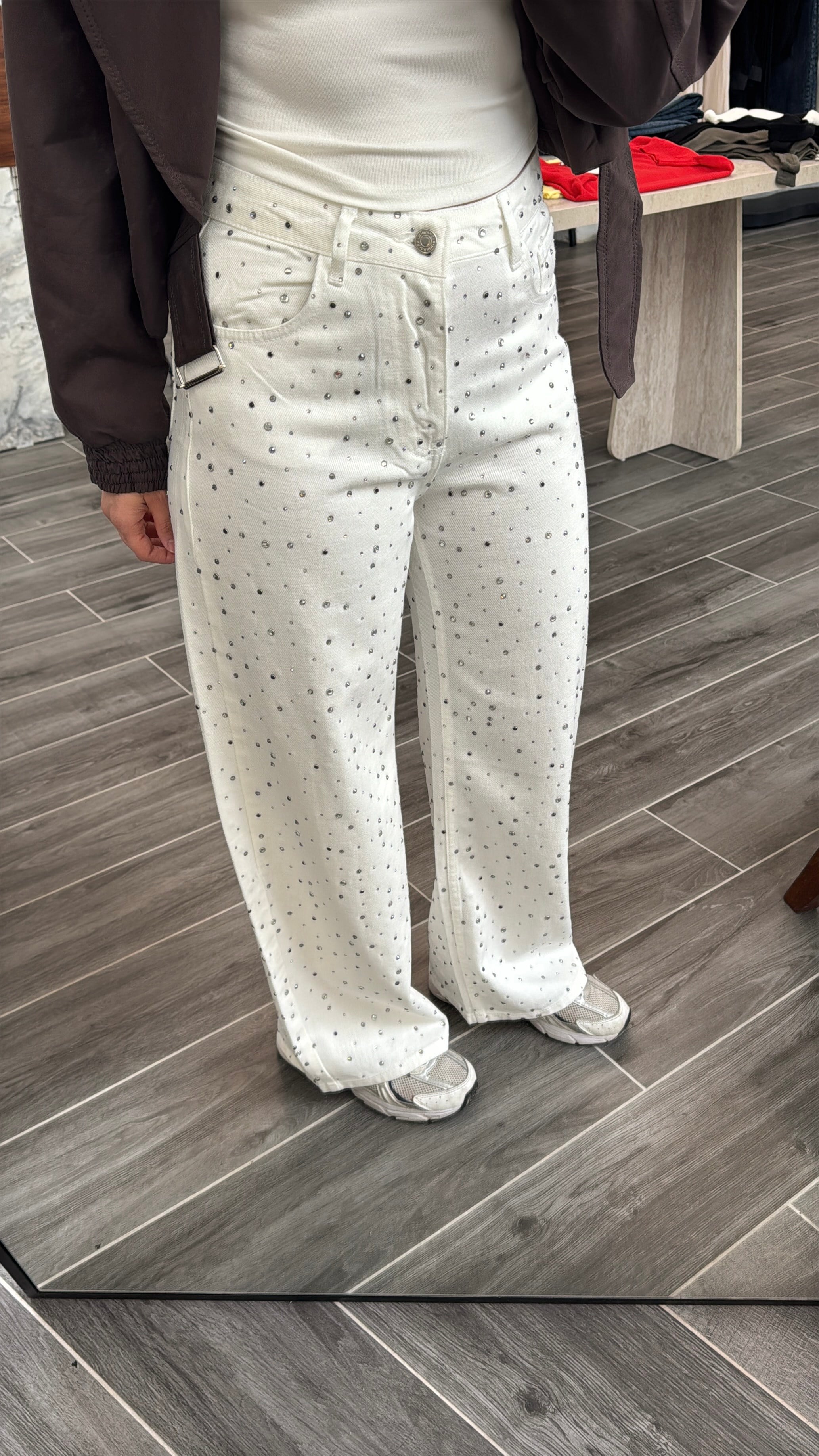Beyaz Taşlama Pamuklu Denim Jean