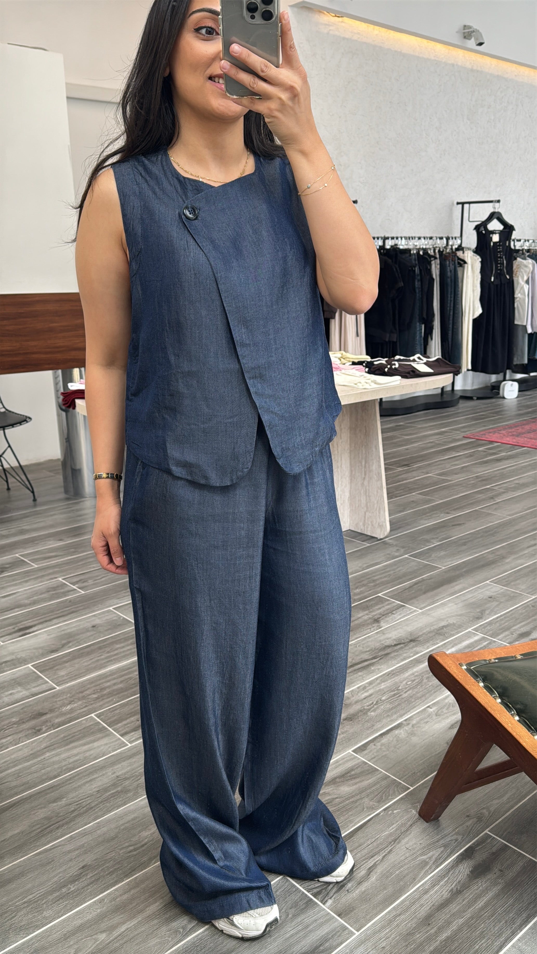 Denim Görünümlü Yelekli Tensel Kumaş