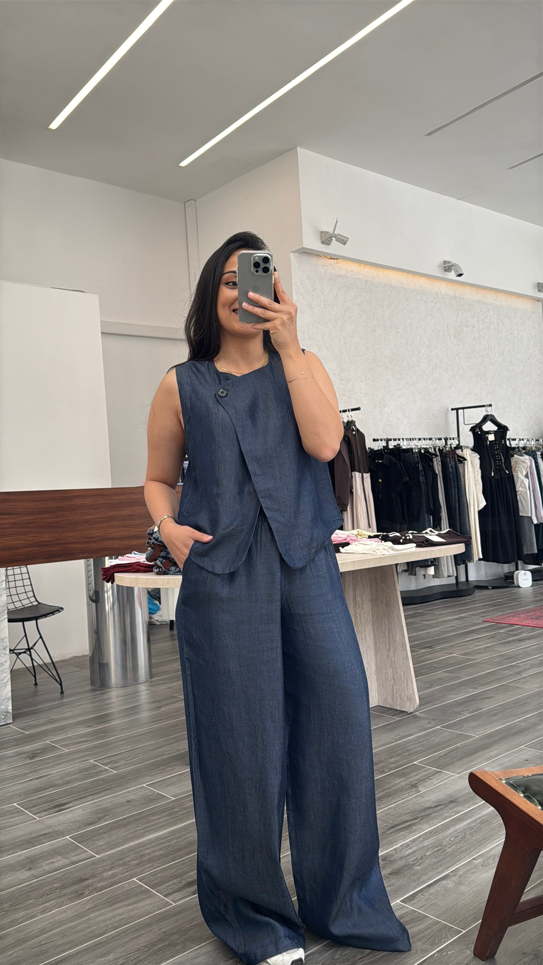 Denim Görünümlü Yelekli Tensel Kumaş