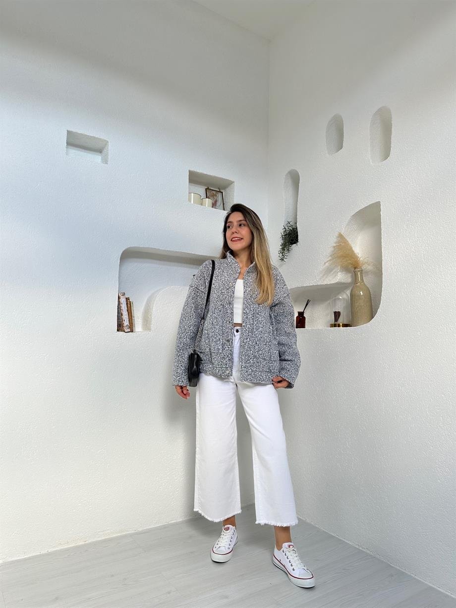 Gri Buklet Kumaş Bomber Ceket