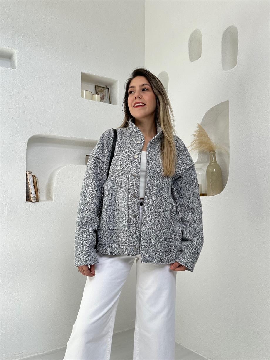 Gri Buklet Kumaş Bomber Ceket