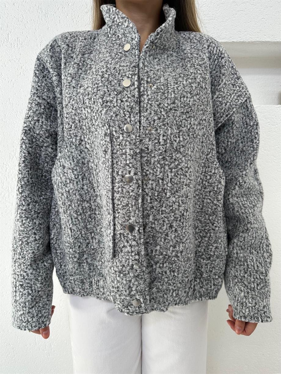 Gri Buklet Kumaş Bomber Ceket