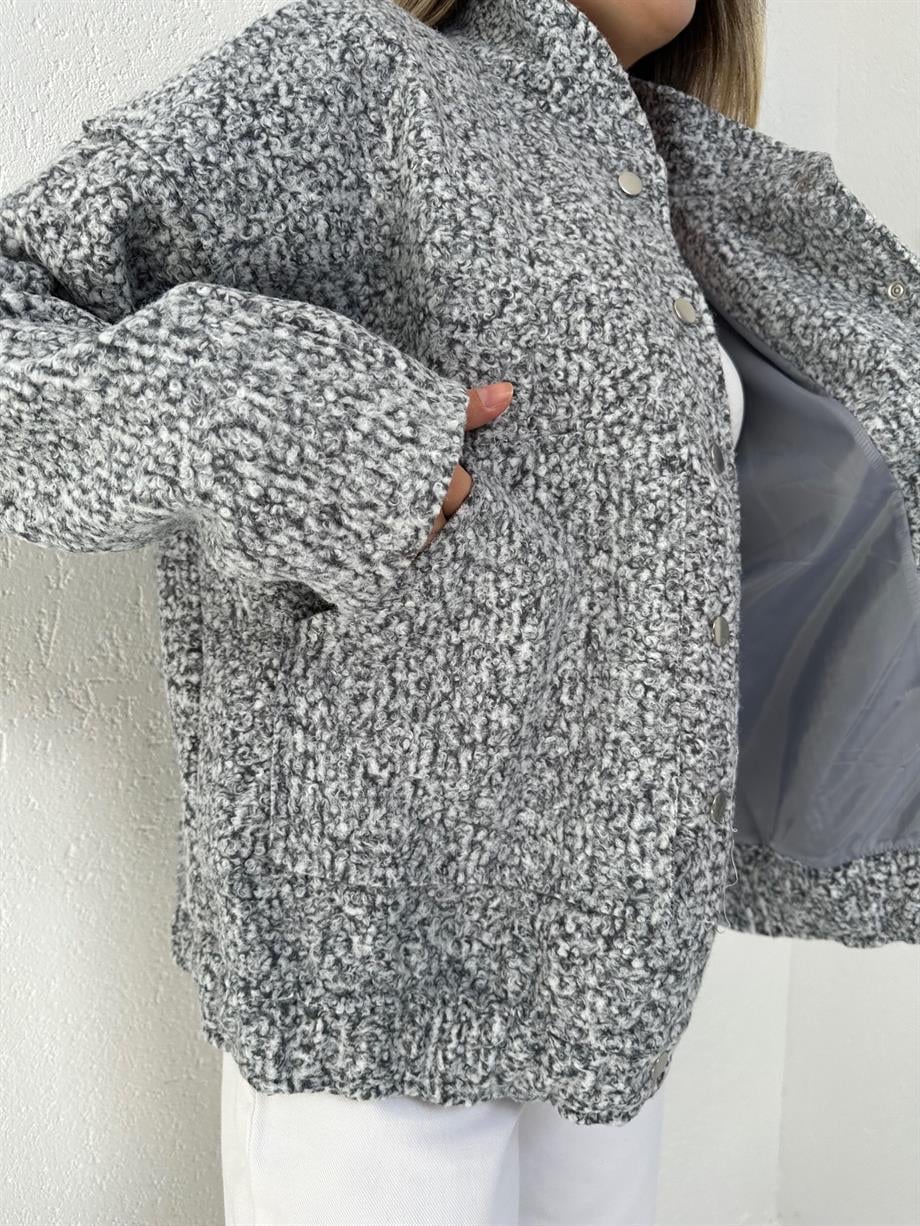 Gri Buklet Kumaş Bomber Ceket