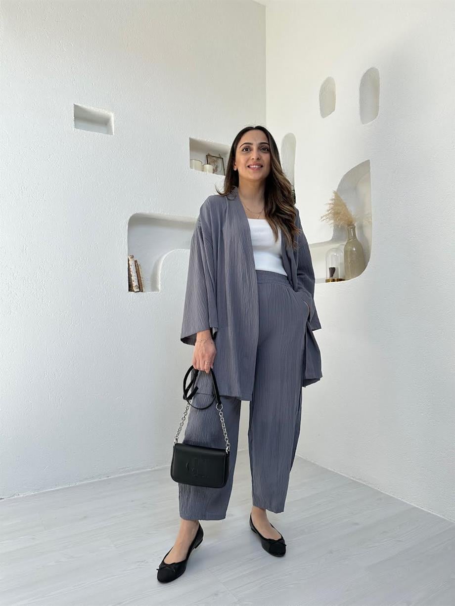 Gri Gofre Kimono Takım