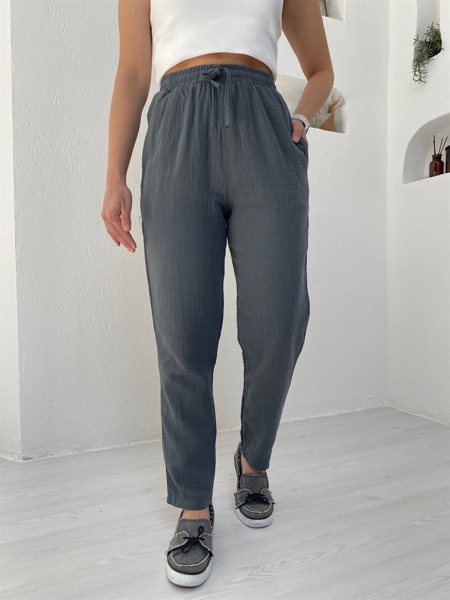 Gri Müslin Kumaş Keten Pantolon