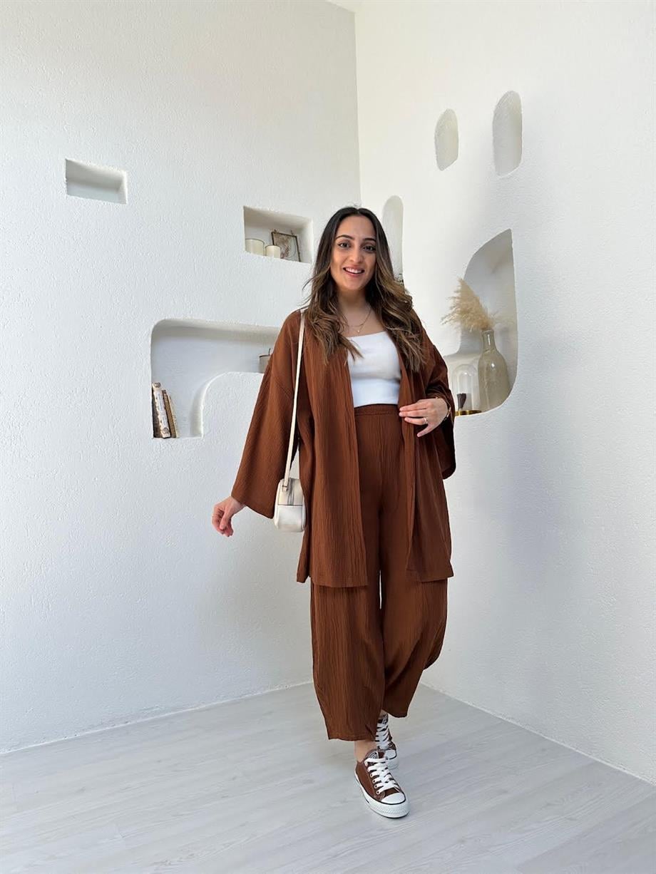 Kahverengi Gofre Kimono Takım
