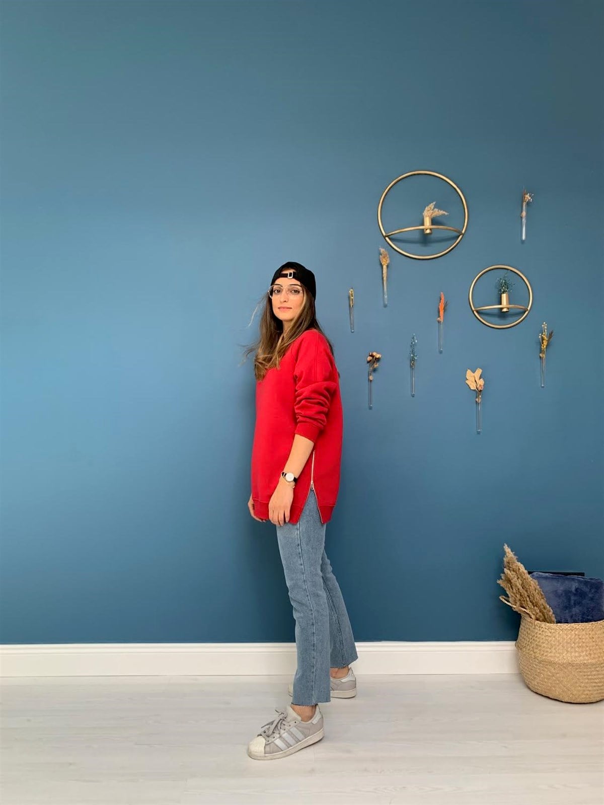 Kırmızı Yanları Fermuarlı Oversize Sweatshirt