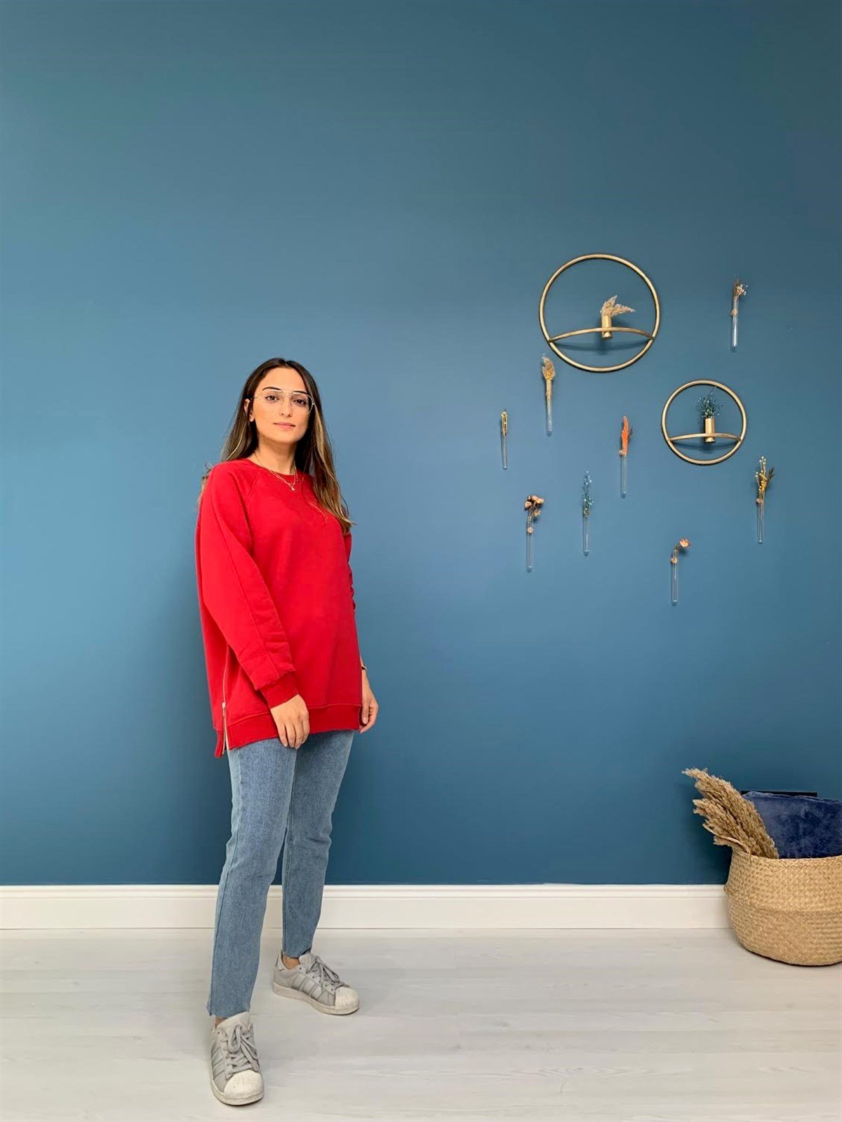 Kırmızı Yanları Fermuarlı Oversize Sweatshirt