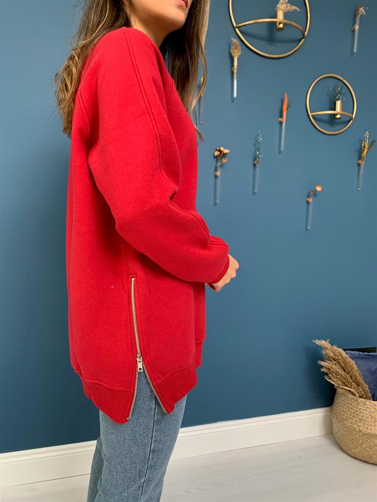 Kırmızı Yanları Fermuarlı Oversize Sweatshirt
