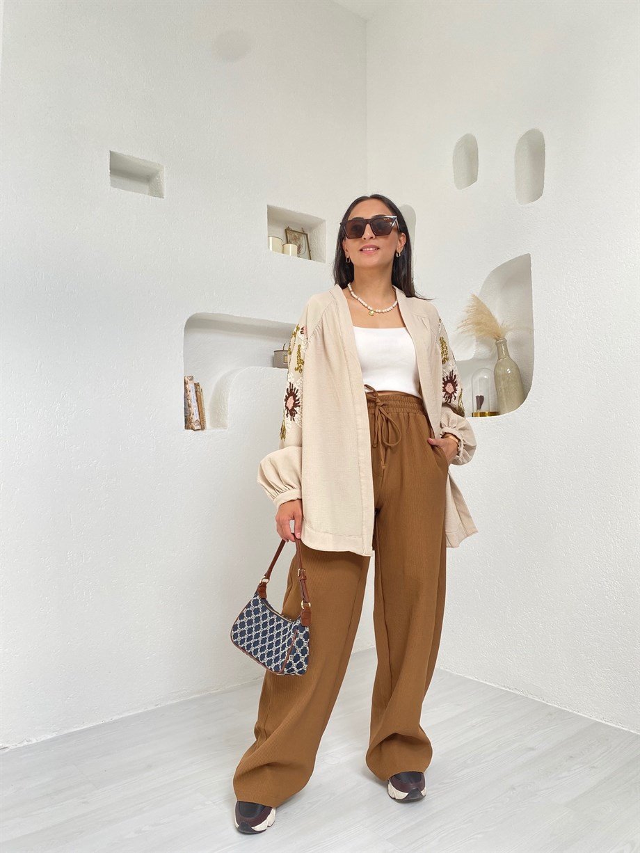 Krem Fitilli İşleme Kimono