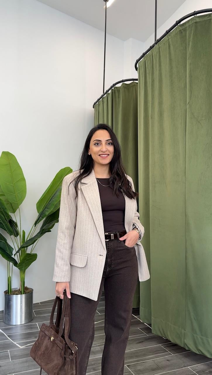 Krem Kaşe Çizgili Blazer
