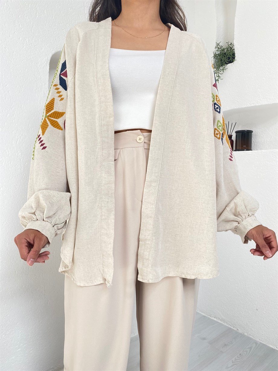 Krem Keten İşlemeli Kimono
