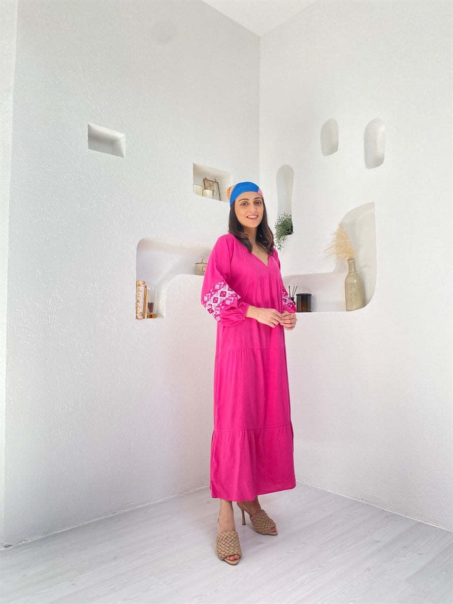 Pembe Keten Uzun Elbise