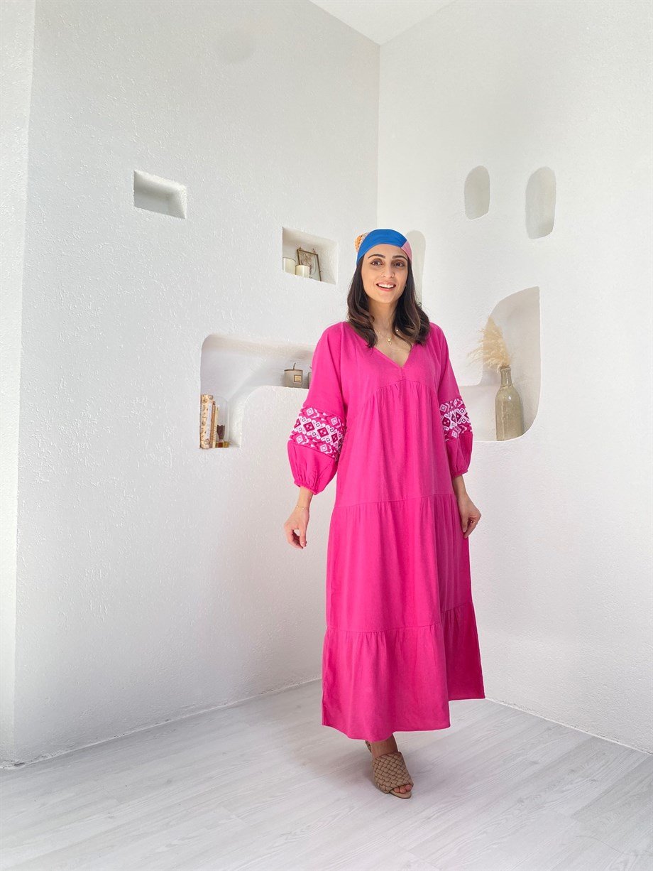Pembe Keten Uzun Elbise