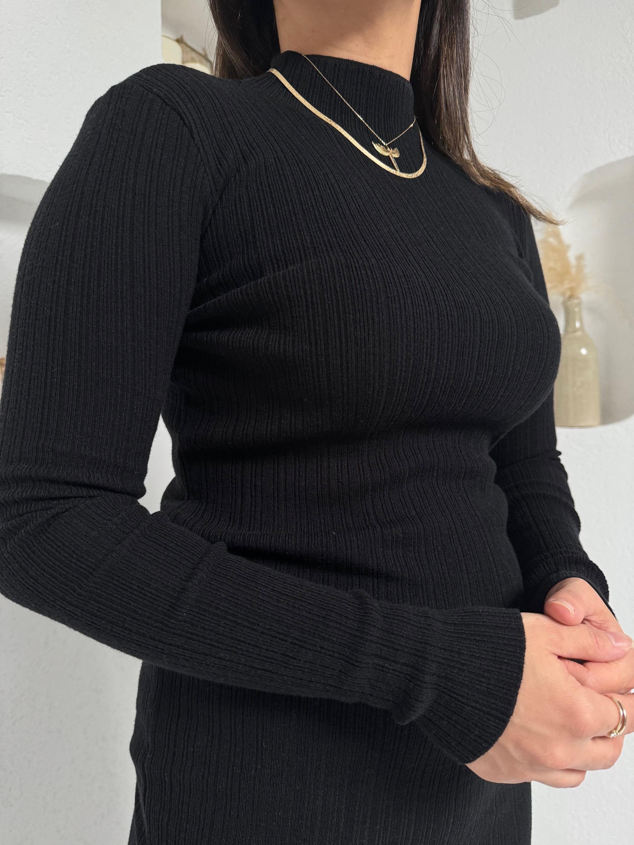 Siyah Triko Basic Fitilli Elbise
